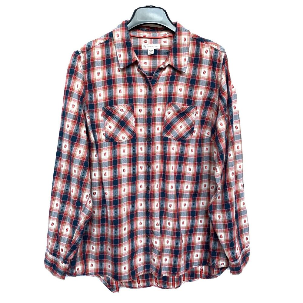 cb Women's Button-Up Shirt Size 1X Blue Red Multicolor Plaid Long-Sleeves Cotton